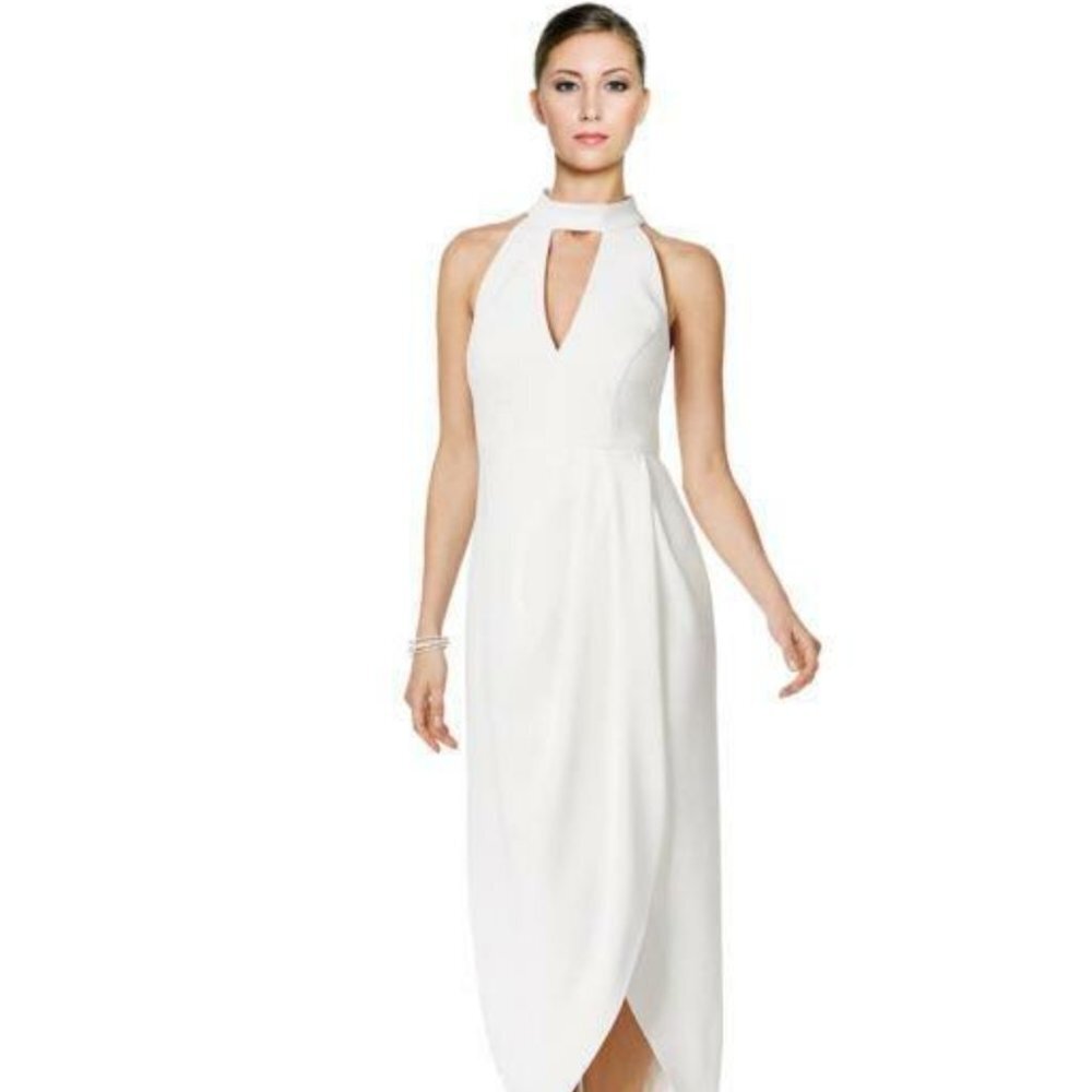 XSCAPE IVORY Crepe MOCK Neck TULIP HEM Midi COCKTAIL Dress GOWN